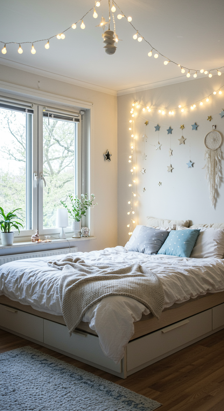 Helles skandinavisches Schlafzimmer mit vielen Lichterketten und Sternendeko.