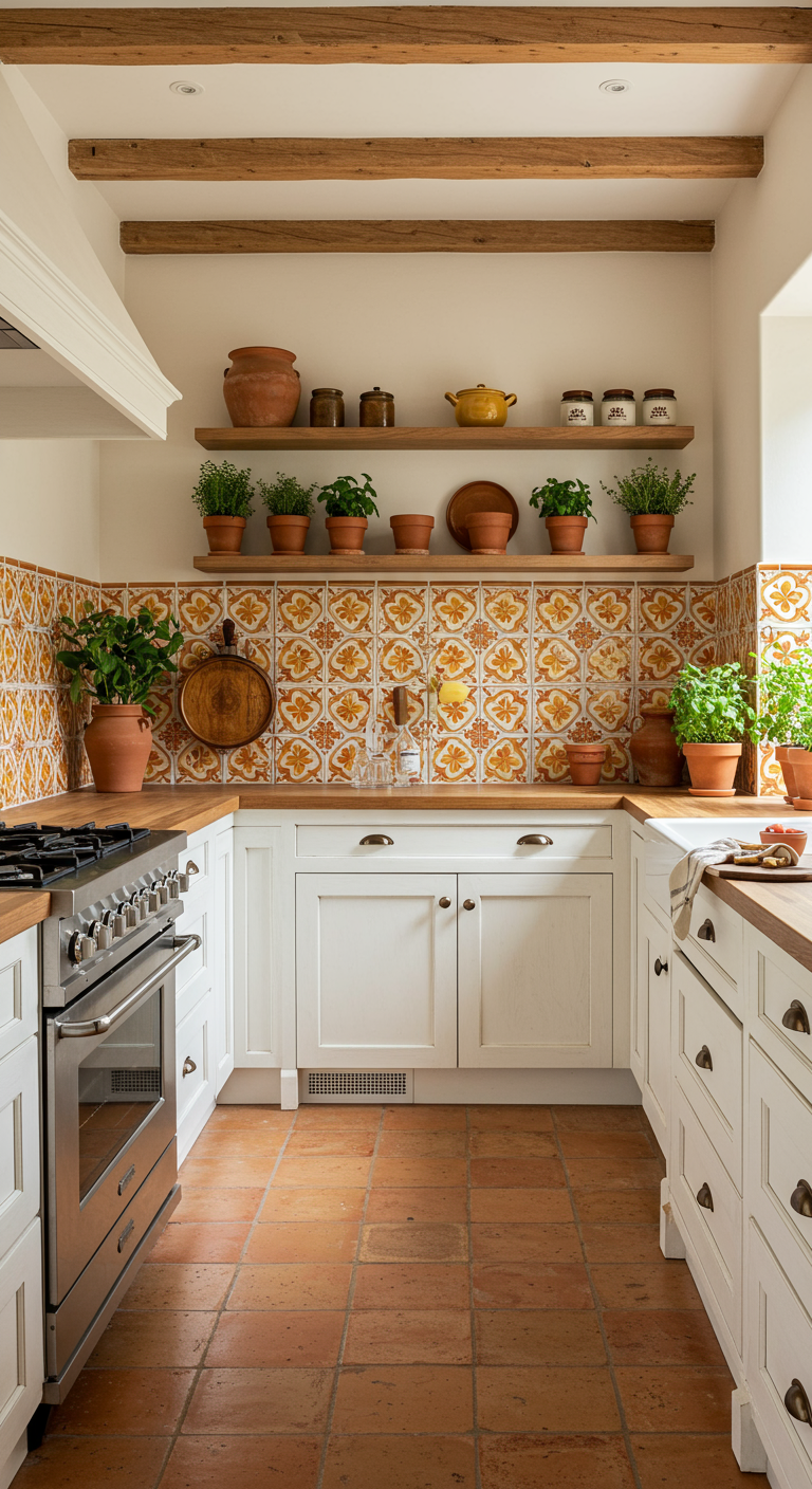 Mediterrane Küche mit weißen Schränken, Terrakotta-Boden und gemusterten Fliesen.