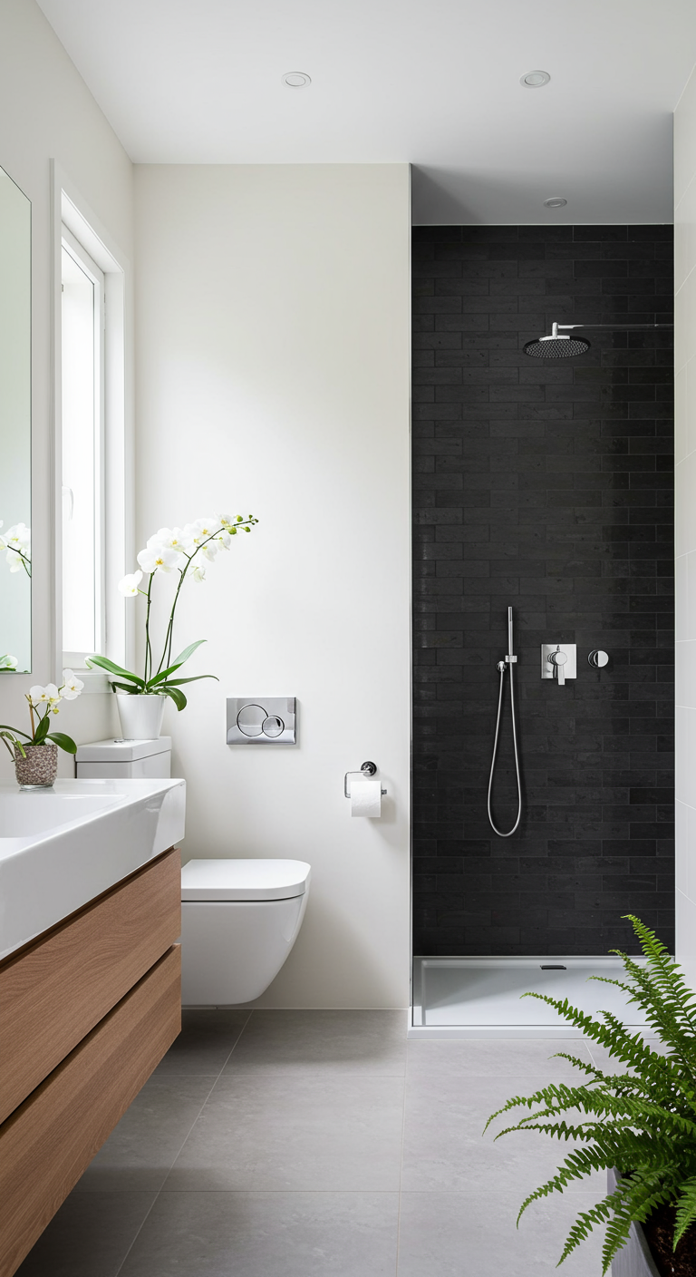 Modernes Badezimmer mit schwarzer Ziegel-Duschwand, weißen Orchideen und Holzwaschtisch.