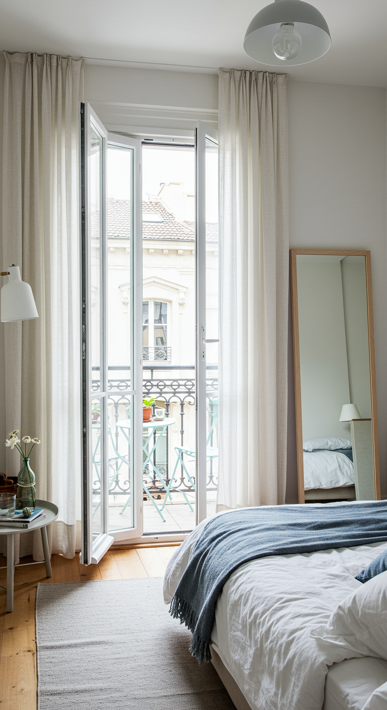 Helles Schlafzimmer mit großer Balkontür und minimalistischer Einrichtung.