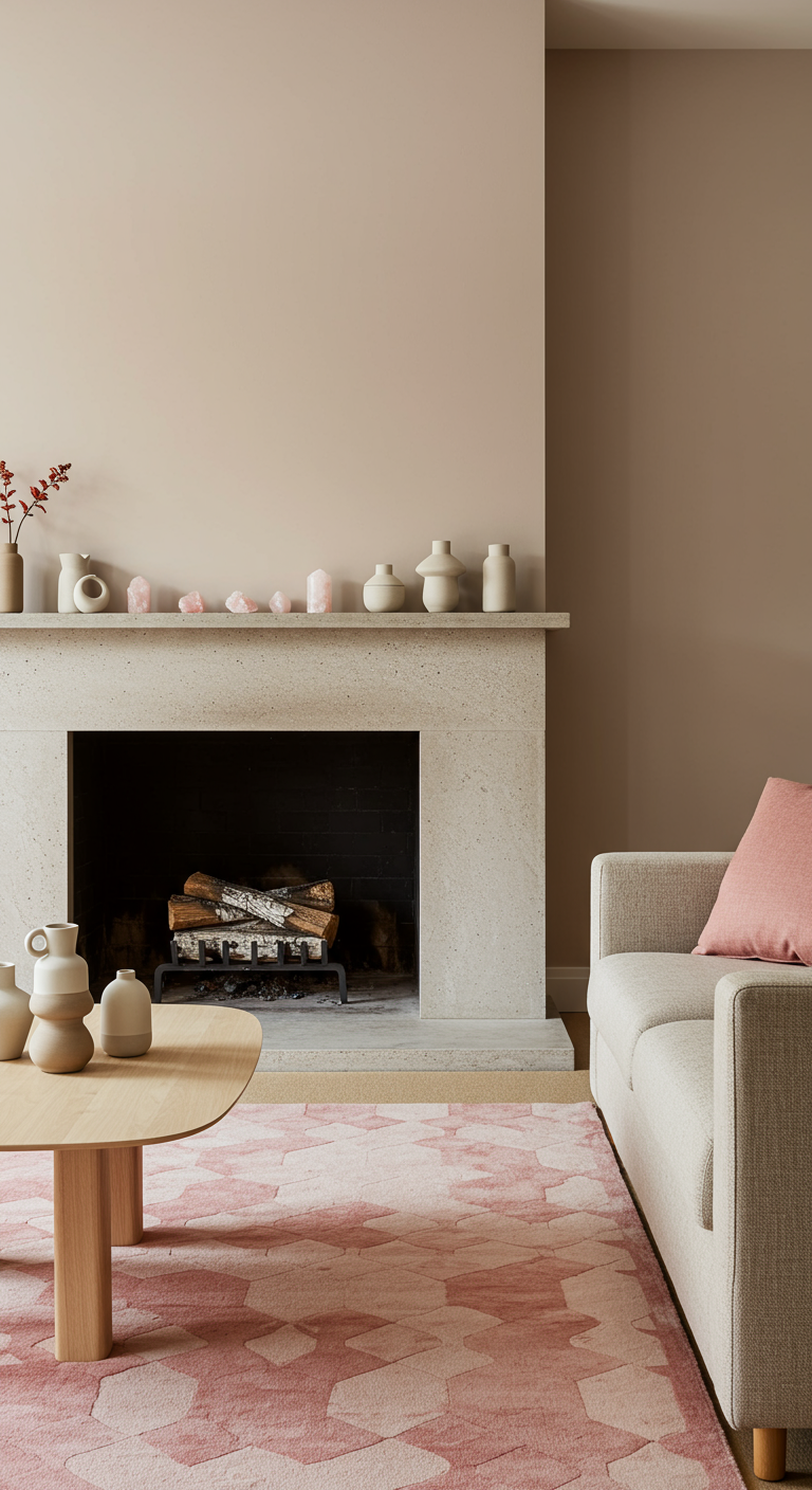 Wohnzimmer mit hellem Kamin, beigem Sofa und großem rosa gemusterten Teppich.