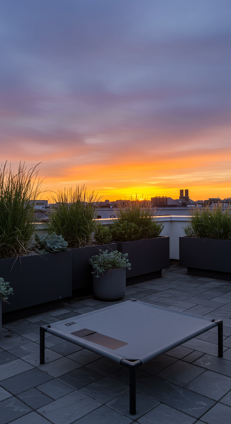 Erhöhtes, helles Haustierbett auf einer Dachterrasse mit Pflanzkübeln bei Sonnenuntergang über der Stadt.