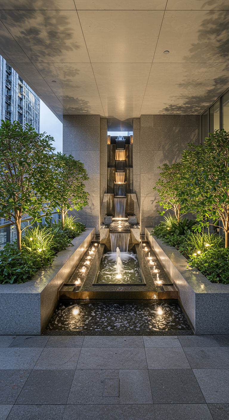 Große Terrasse mit modernem mehrstufigem Wasserfall, Bäumen und beleuchteter Umgebung.