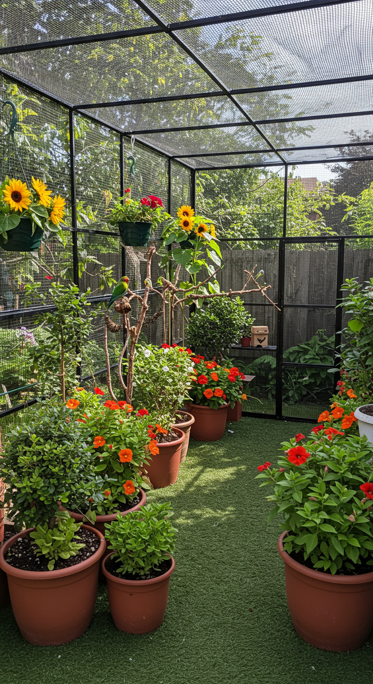 Vögel in großer Voliere mit vielen Blumentöpfen voller Sonnenblumen und Blumen