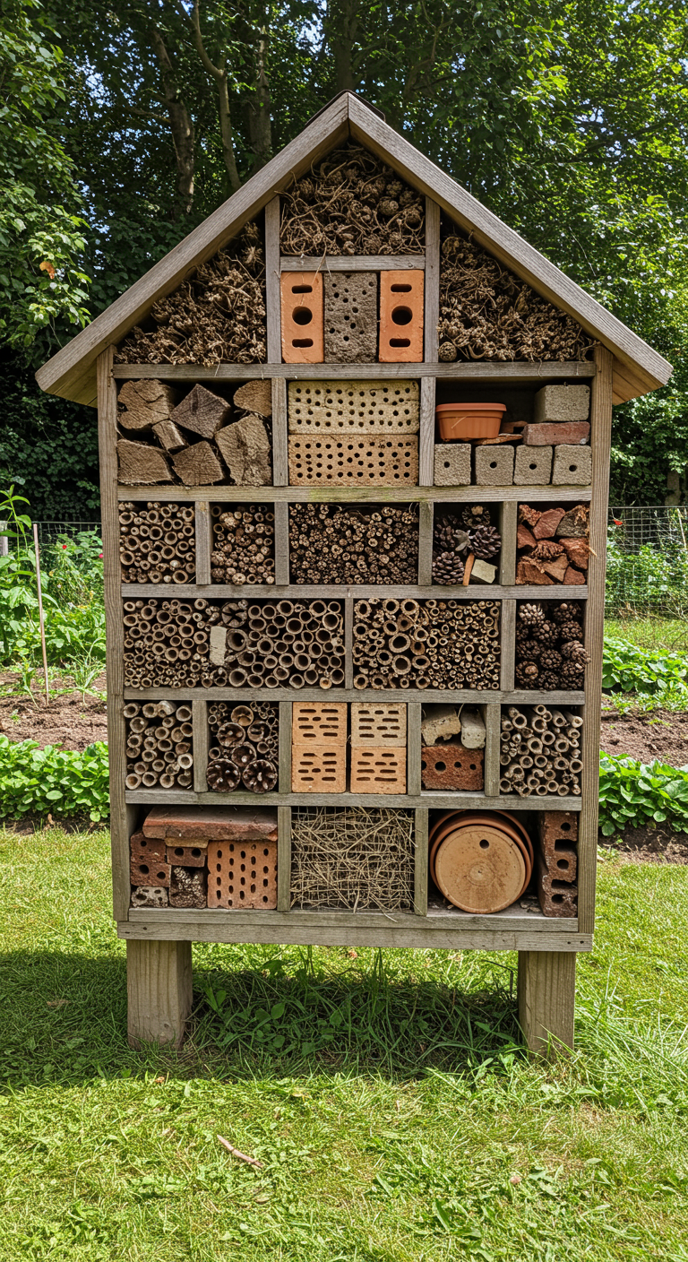 Großes, hausförmiges Insektenhotel mit vielen Fächern aus Naturmaterialien.
