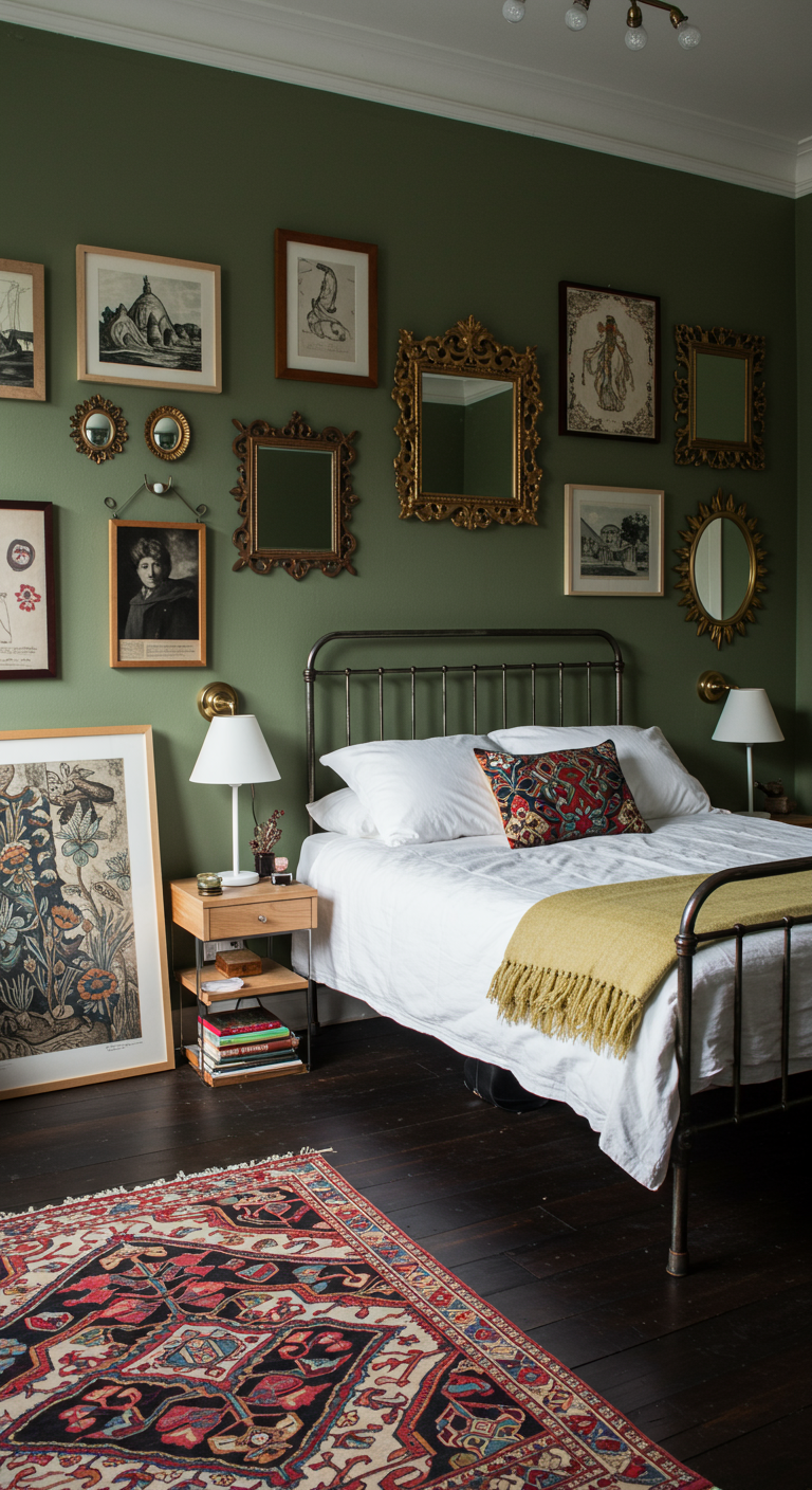Schlafzimmer mit olivgrünen Wänden und einer Galerie aus Bildern und Spiegeln.