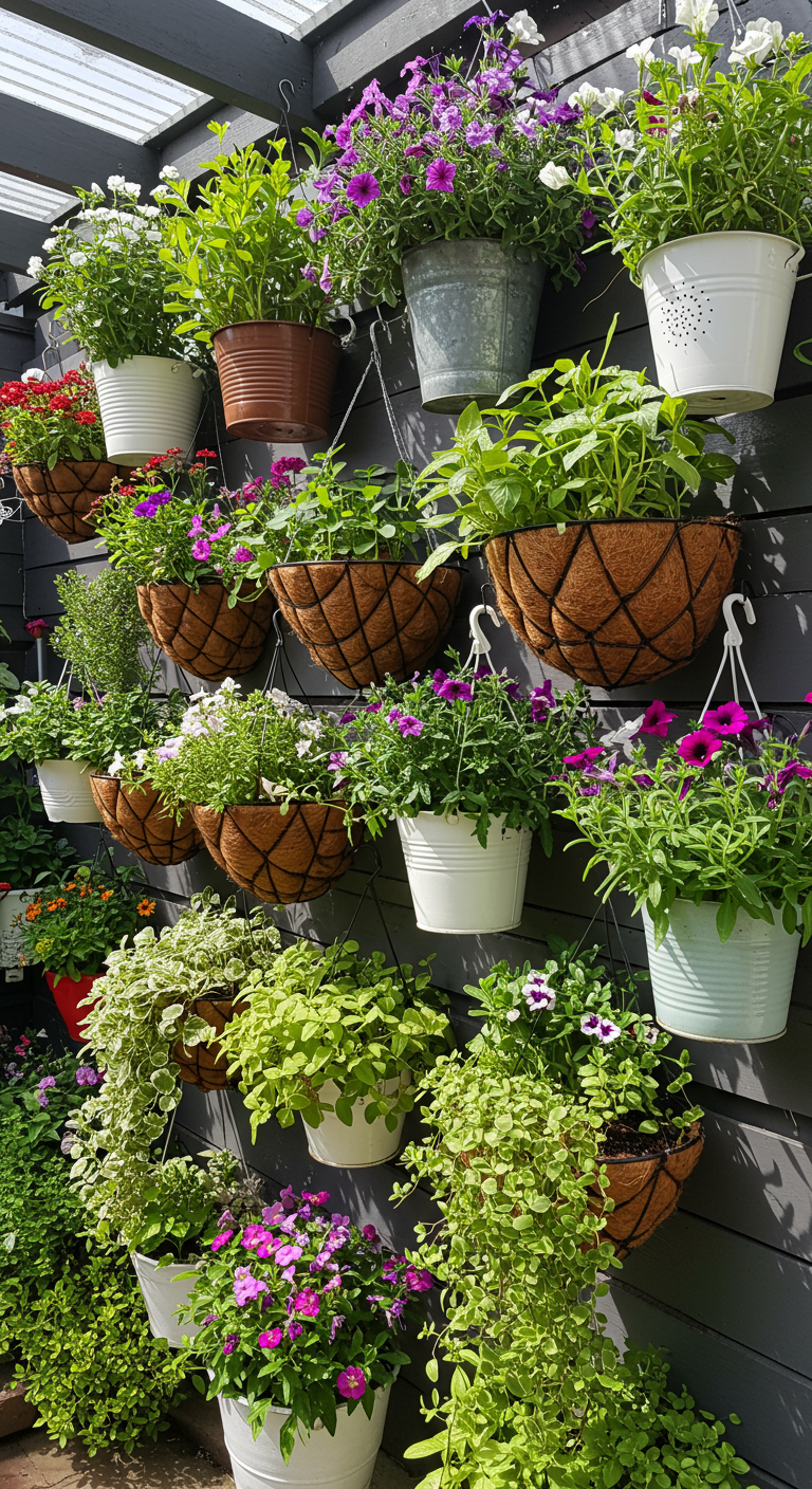 Vertikaler Garten an einer dunklen Wand mit vielen hängenden Blumenkörben