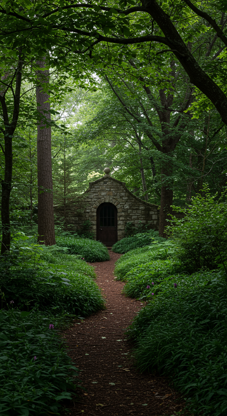 Kleines, rustikales Steingebäude (Grotte/Folly) versteckt im Wald