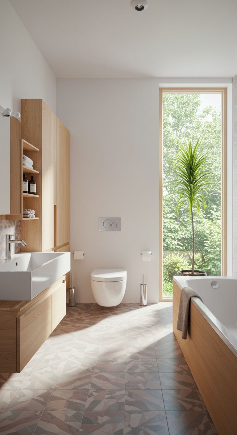 Hohes Badezimmer mit schmalem Fenster, hohem Schrank und großer Pflanze.