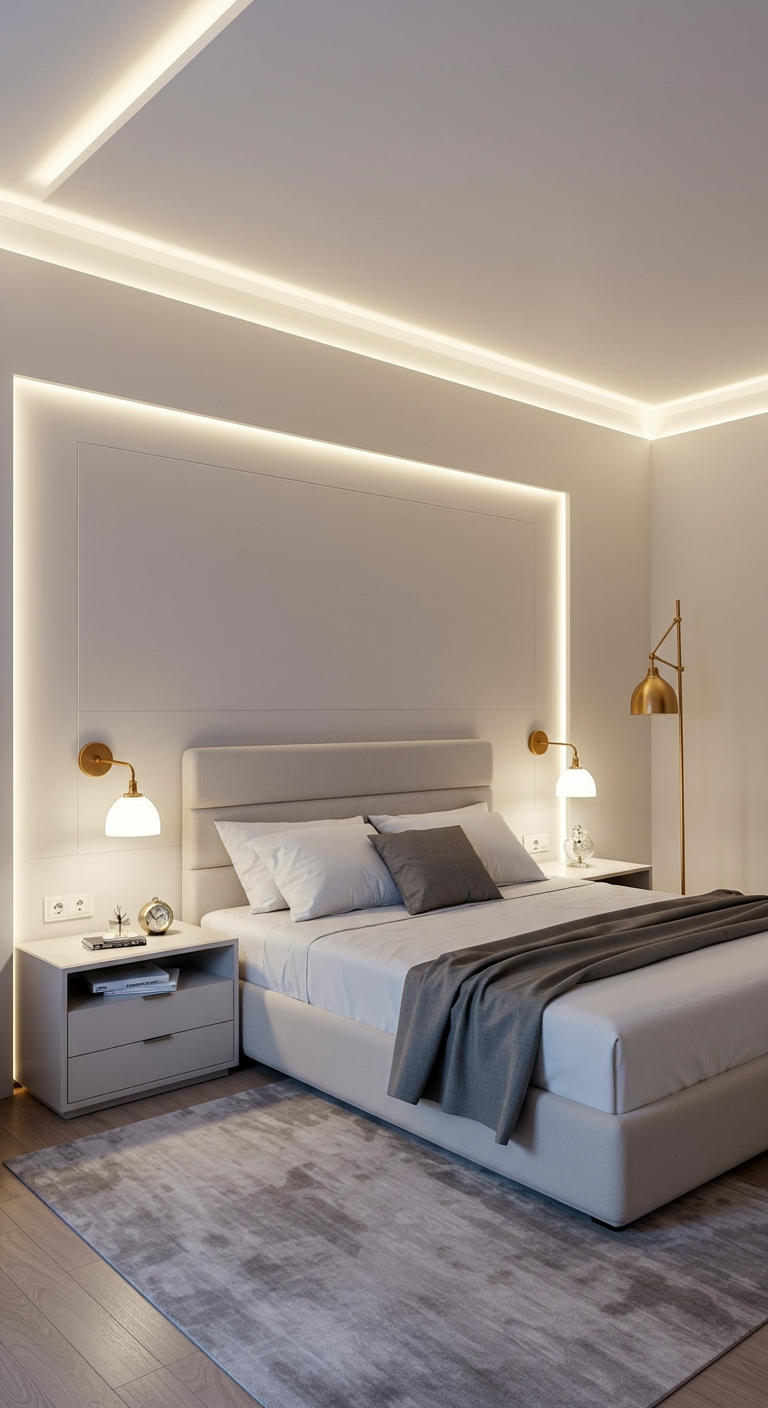 Modernes Schlafzimmer mit indirekter LED-Beleuchtung an Decke und Bettkopfteil.
