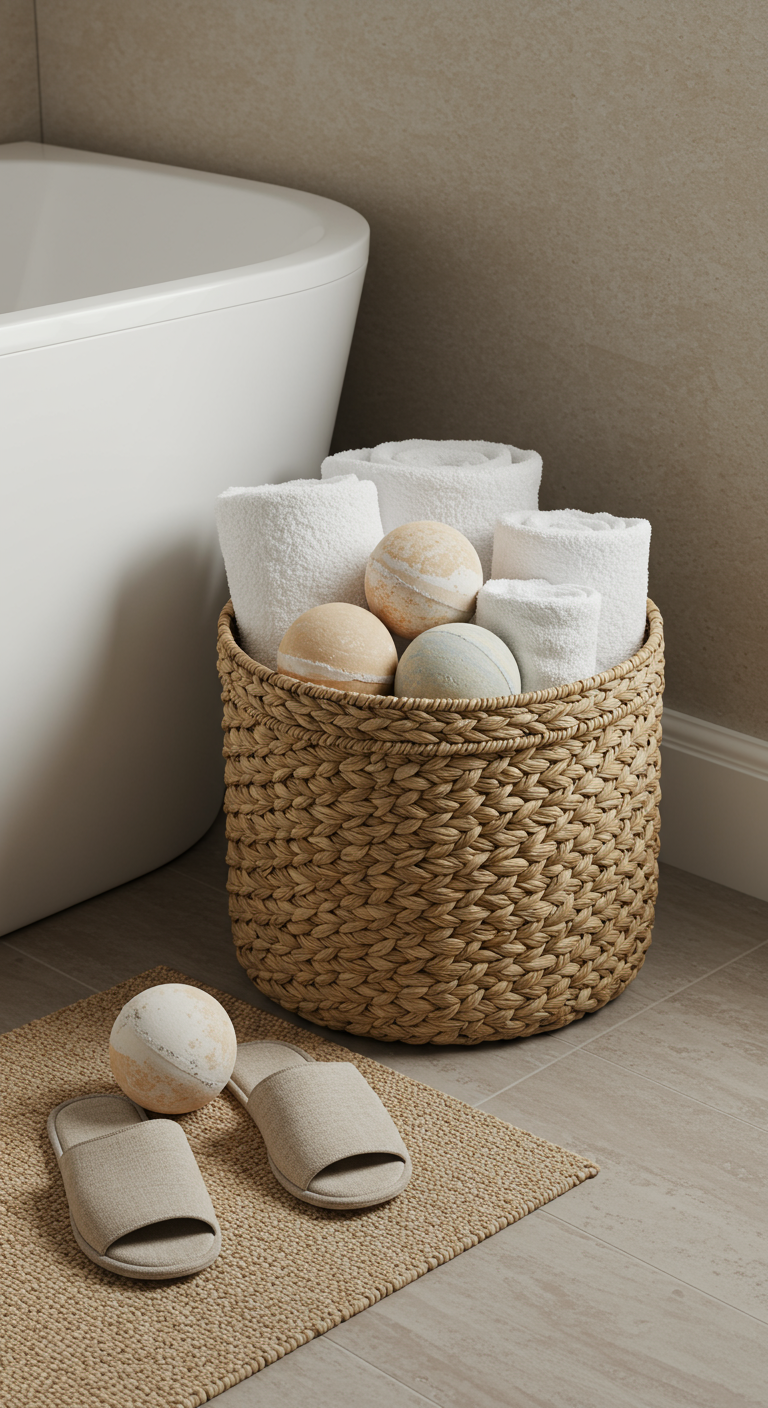 Gewebter Korb neben der Badewanne, gefüllt mit Handtüchern und Badebomben.