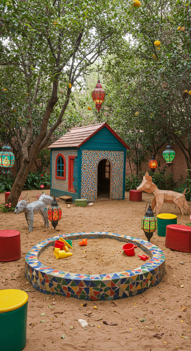 Bunter marokkanischer Kinderspielplatz mit Mosaik-Spielhaus, Sandkasten und Laternen.