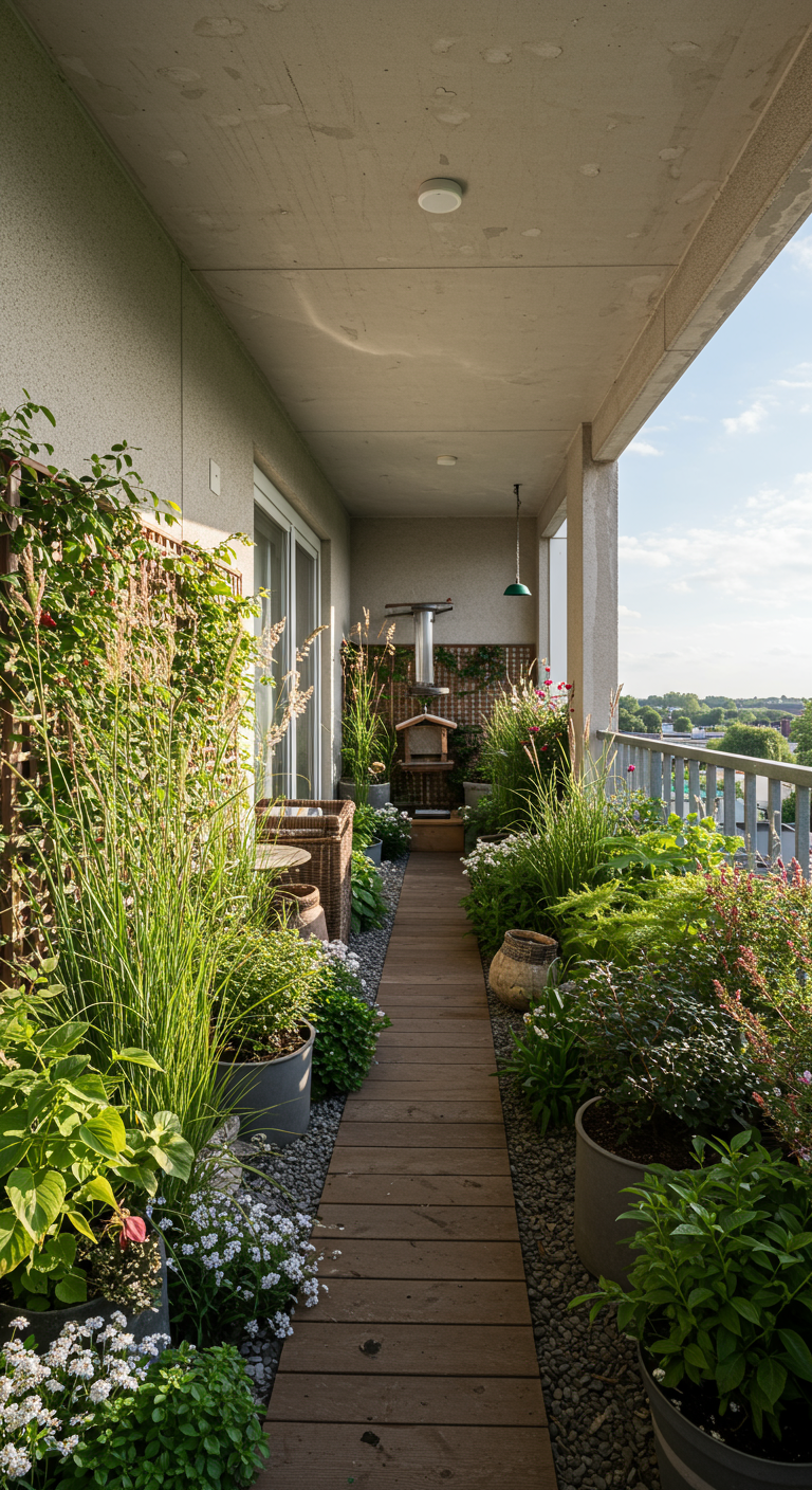 Langer Balkon mit Holzboden, Kies, hohen Gräsern, Pflanzen und Vogelhaus.
