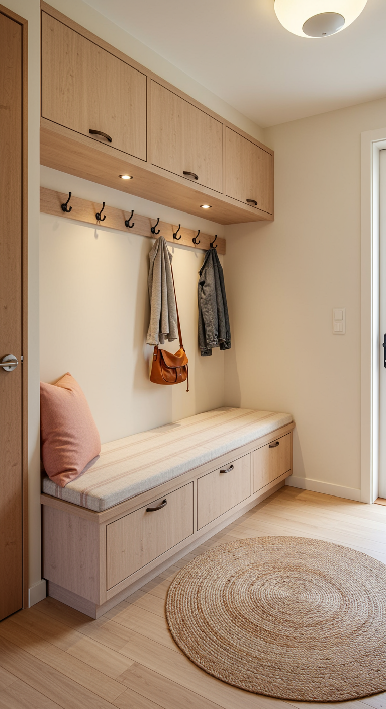 Heller Eingangsbereich mit eingebauter Holzgarderobe und rosa Kissen auf der Bank.
