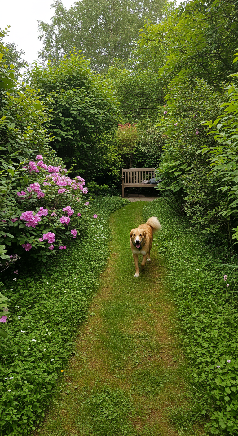 Hund läuft auf Waldweg, umgeben von blühenden Rhododendren und grünen Sträuchern