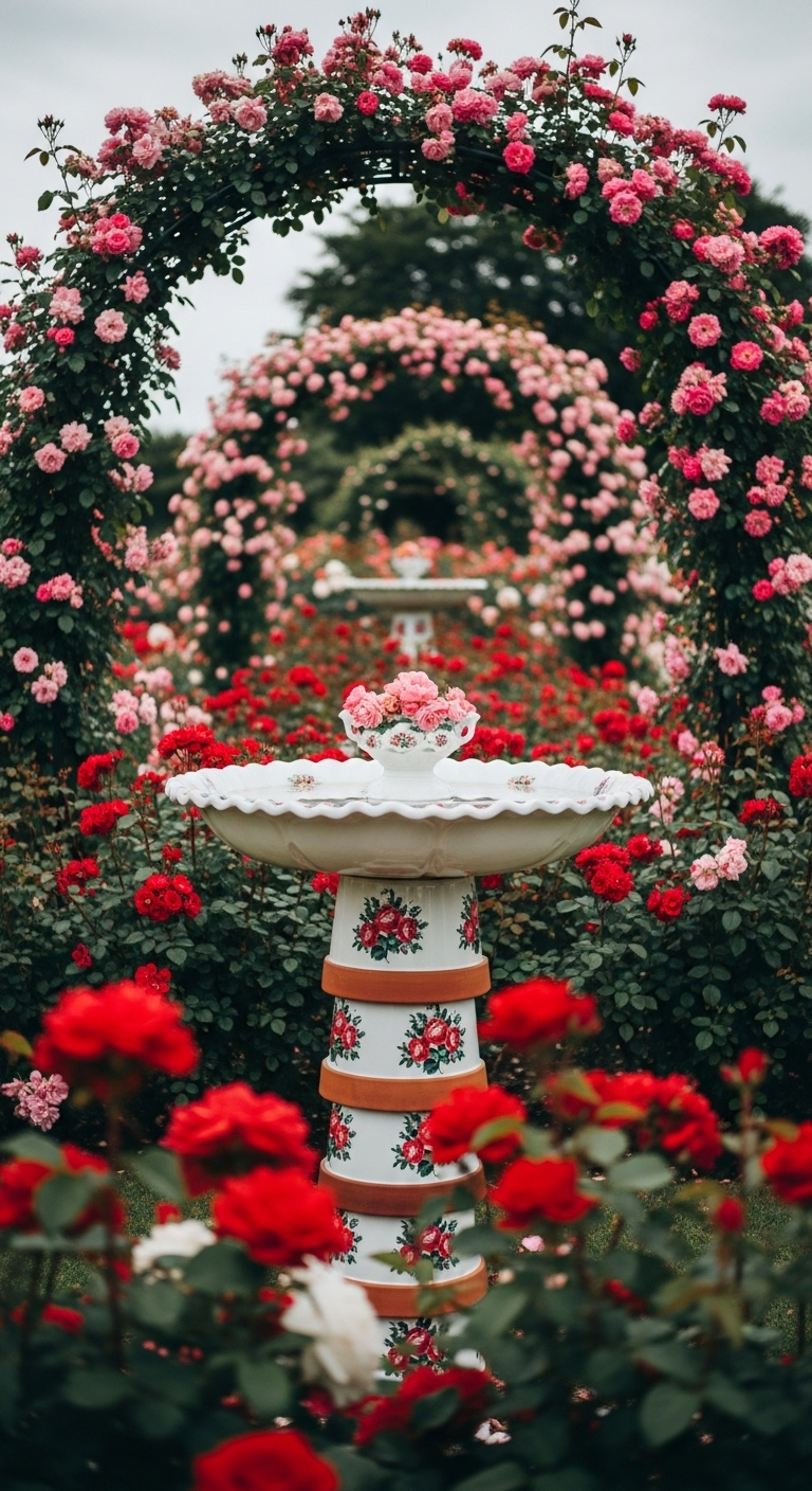 Etagere aus bemaltem Porzellan mit Rosenmotiven als Vogelbad in einem üppigen Rosengarten.