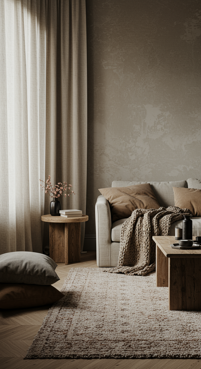 Ruhiges Light Academia Wohnzimmer mit Sofa in Erdtönen und natürlichen Texturen.