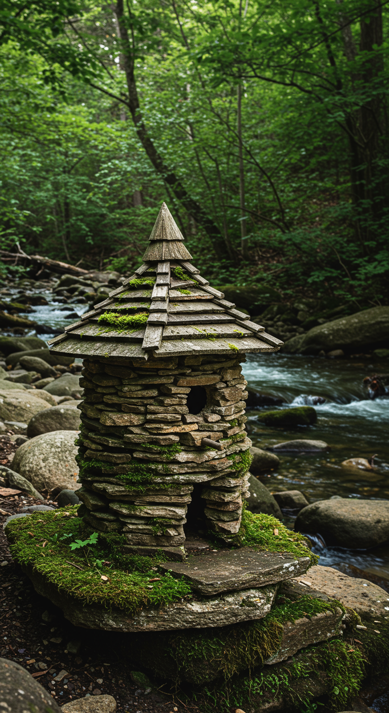 Vogelhaus in Form eines Steinturms mit Moos und Holzschindeldach am Flussufer.
