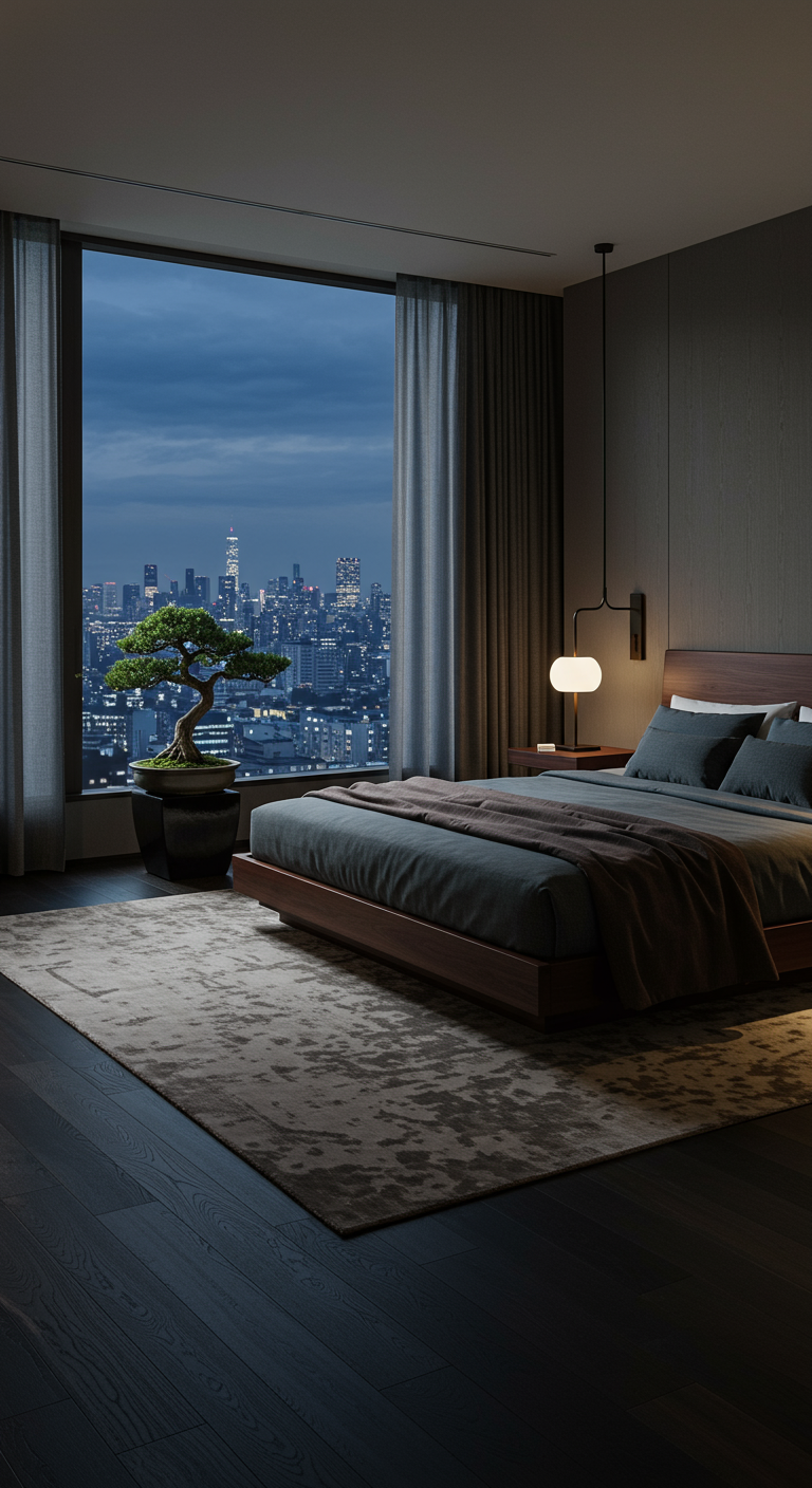 Modernes Japandi-Schlafzimmer mit dunklem Bett und Blick auf nächtliche Skyline.