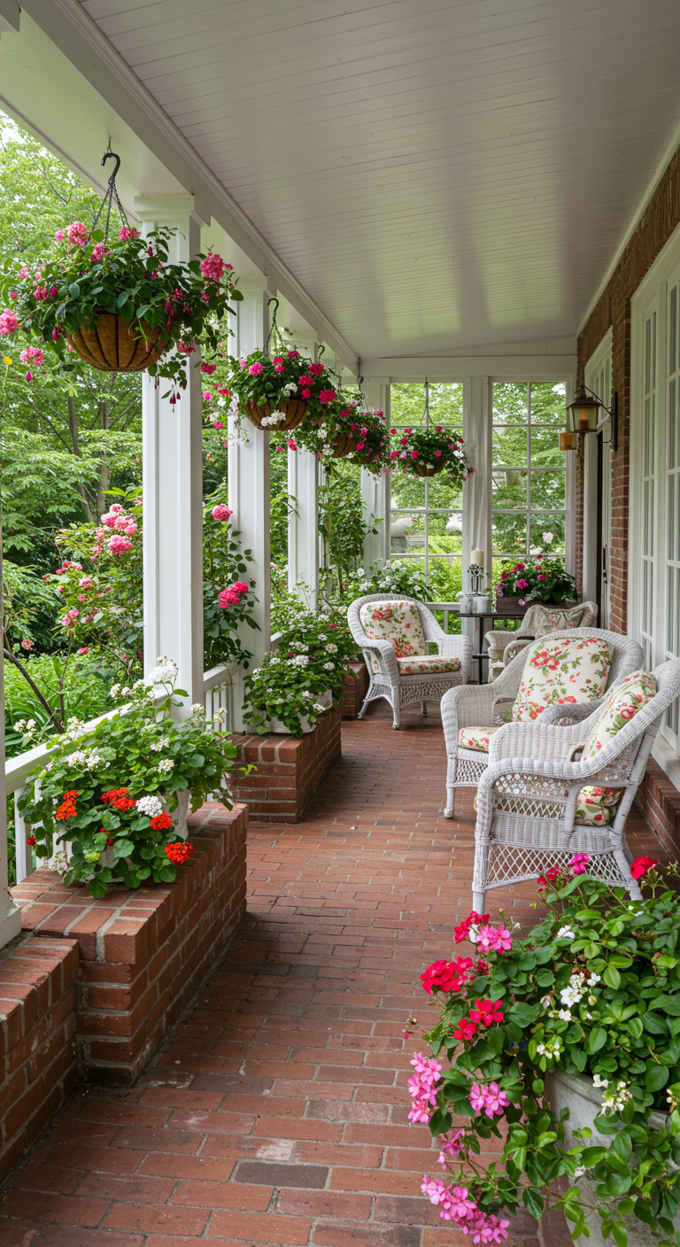 Überdachte Veranda mit Backsteinbrüstung, weißen Korbmöbeln und vielen Hängeblumen.
