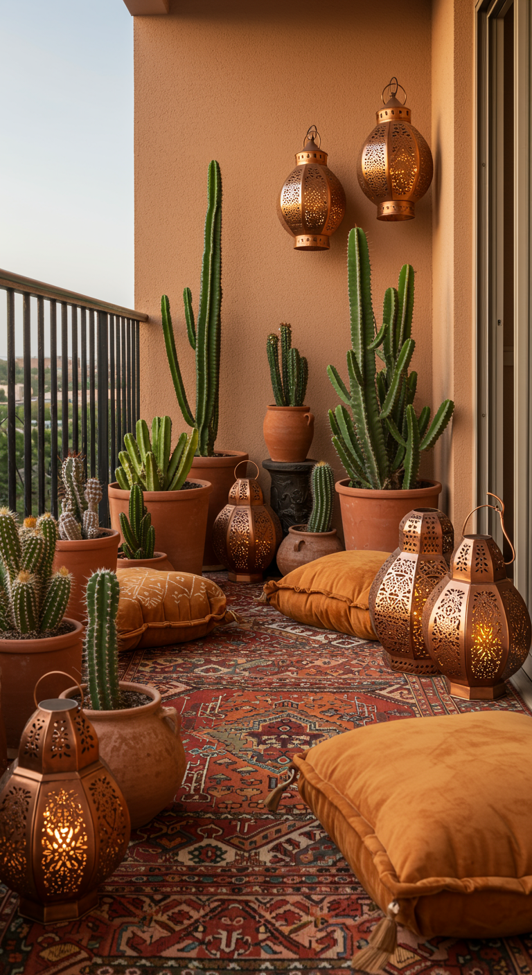 Balkon mit vielen Kakteen, Kupferlaternen, Bodenkissen und einem orientalischen Teppich.