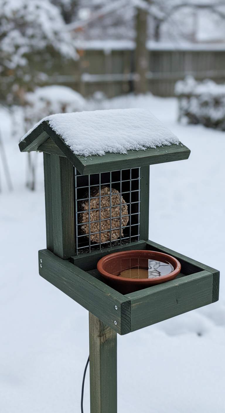 Dunkelgrünes Vogelhaus mit Schneekappe, Futterblock und Wasserschale im Winter.