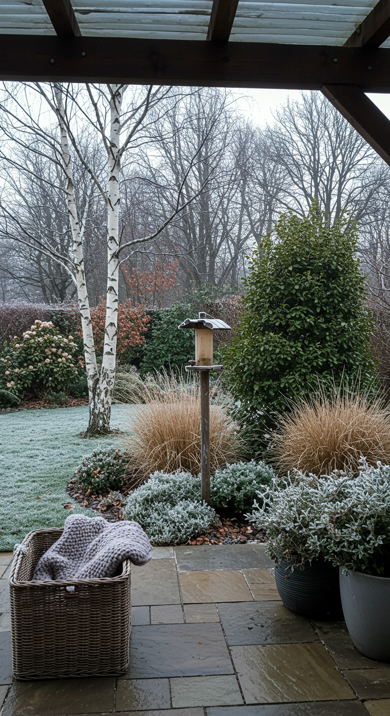 Winterliche Terrasse mit Raureif auf Pflanzen, Korb mit Decke und Vogelhaus.