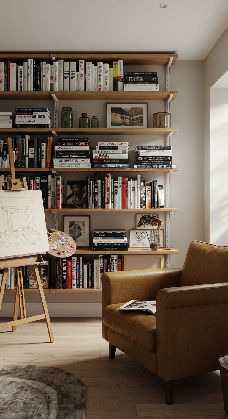 Kreatives Atelier mit Bücherregalen, Staffelei und Ledersessel.