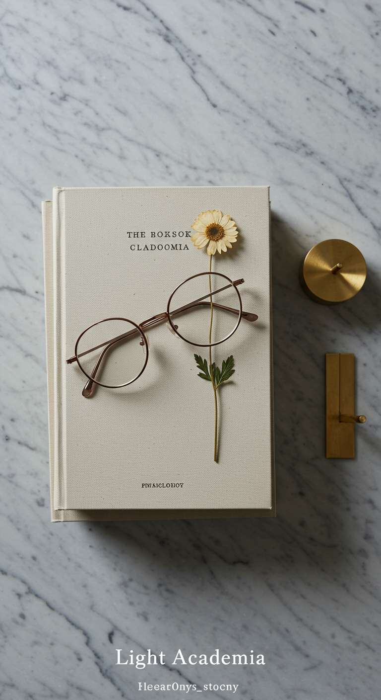 Flatlay auf Marmor: Buch mit Brille und gepresster Blume, Messingobjekt.