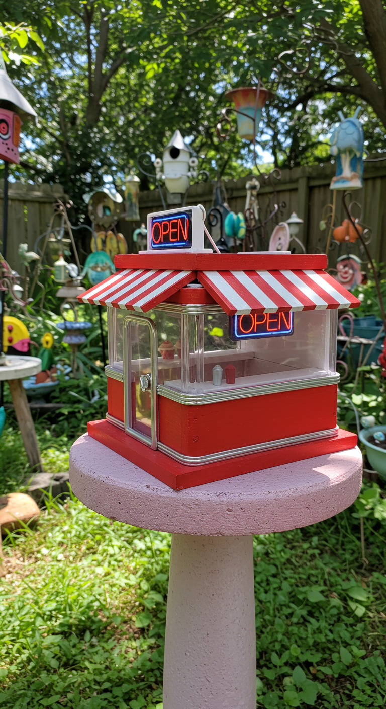 Vogelhaus im Retro-Diner-Stil mit rot-weißem Vordach und