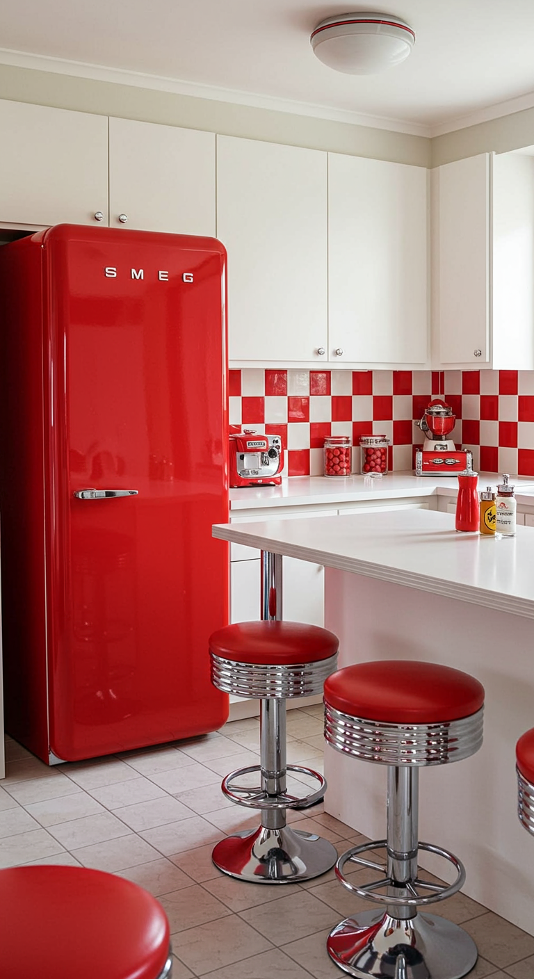 Retro-Küche im Diner-Stil mit rotem Kühlschrank und rot-weiß karierten Fliesen.