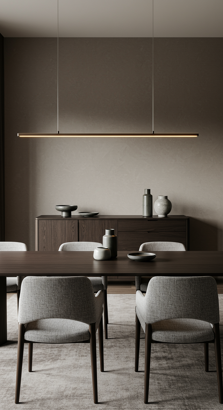 Dunkles Japandi Esszimmer mit Holztisch und linearem Licht.