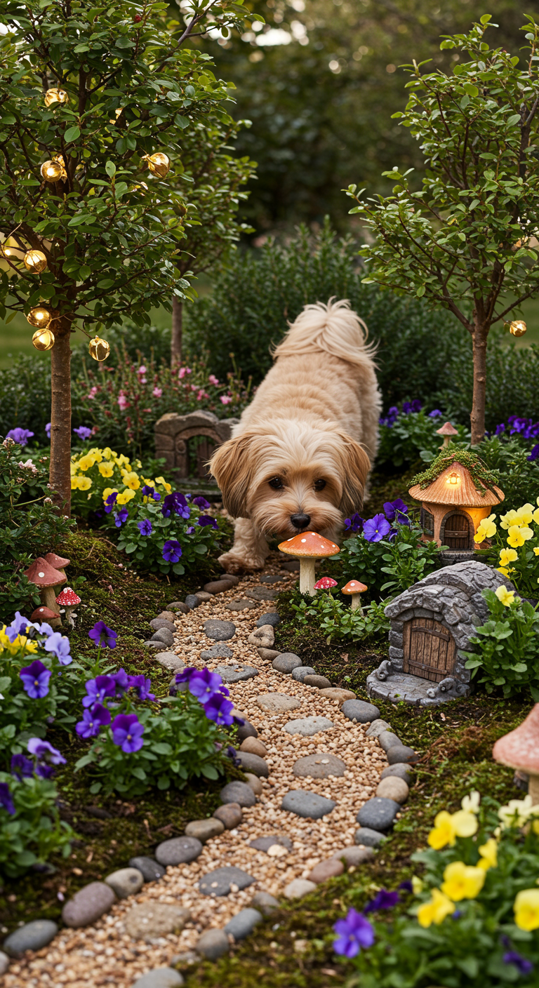 Kleiner flauschiger Hund auf Kieselweg in einem Feen-Garten mit Miniaturen und Blumen