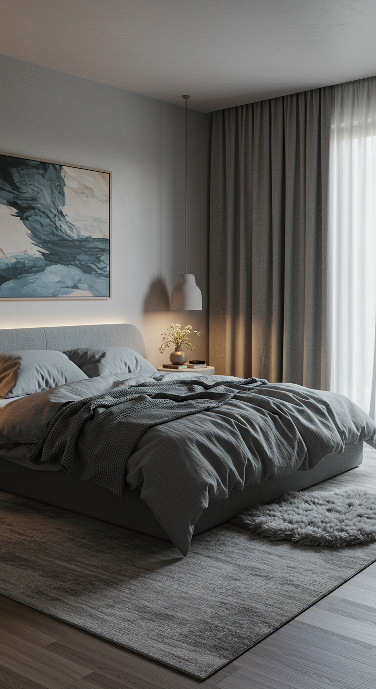 Modernes skandinavisches Schlafzimmer in Grautönen mit großem Polsterbett.