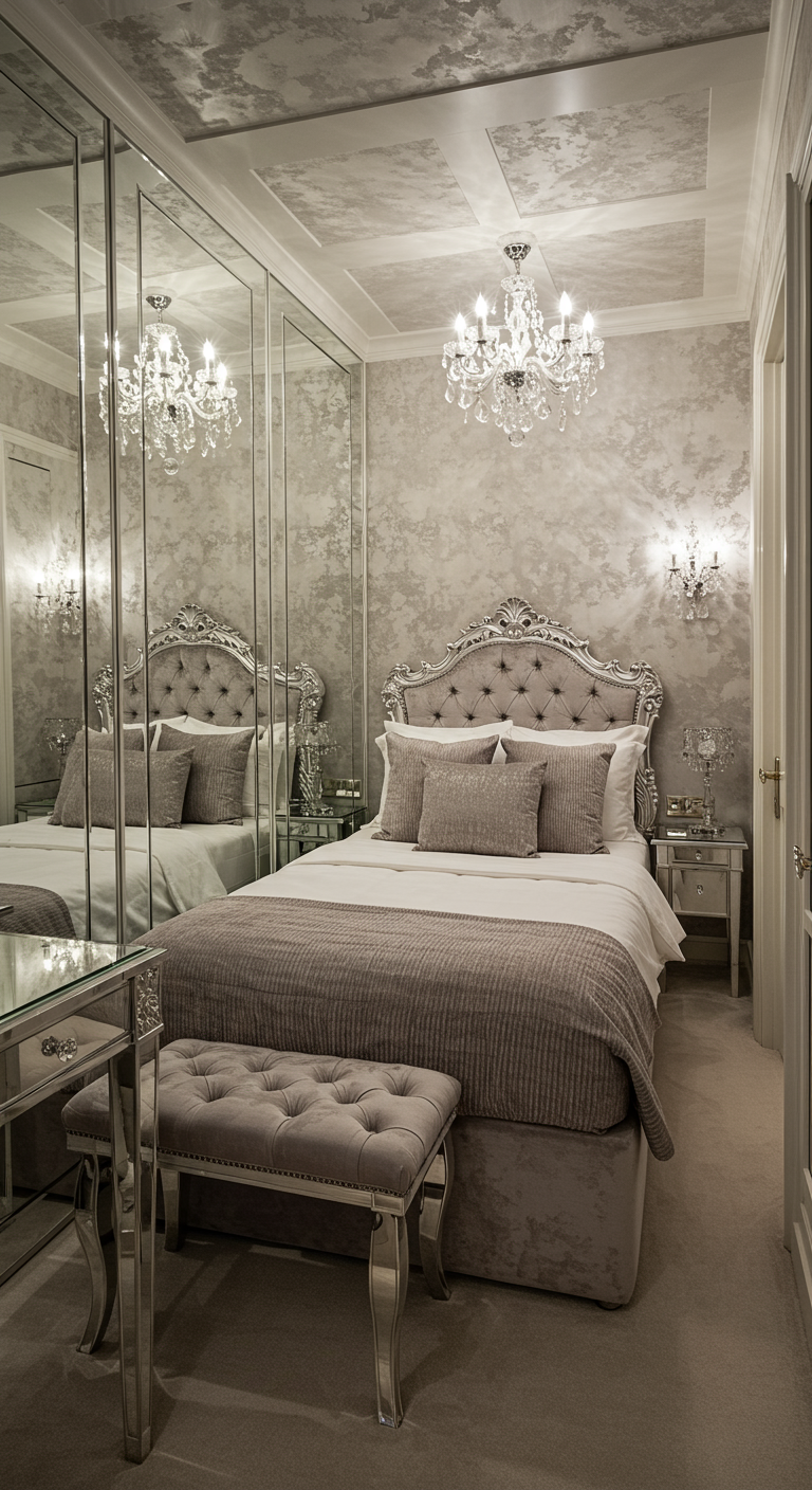 Opulentes Schlafzimmer mit verspiegeltem Mobiliar, Kristallleuchter und barockem Bett.
