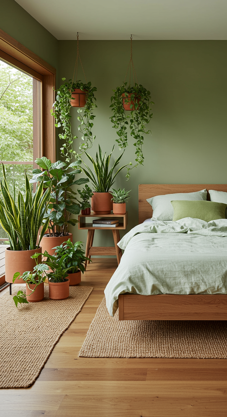 Japandi-Schlafzimmer mit vielen Grünpflanzen, Holzbett und grüner Bettwäsche.