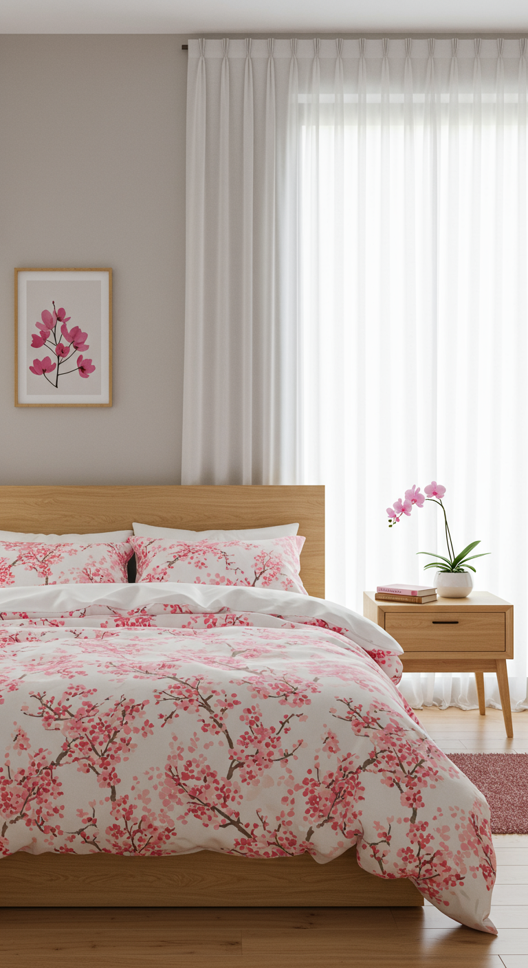 Japandi Schlafzimmer mit Holzbett und weißer Bettwäsche mit rosa Kirschblütenmuster.
