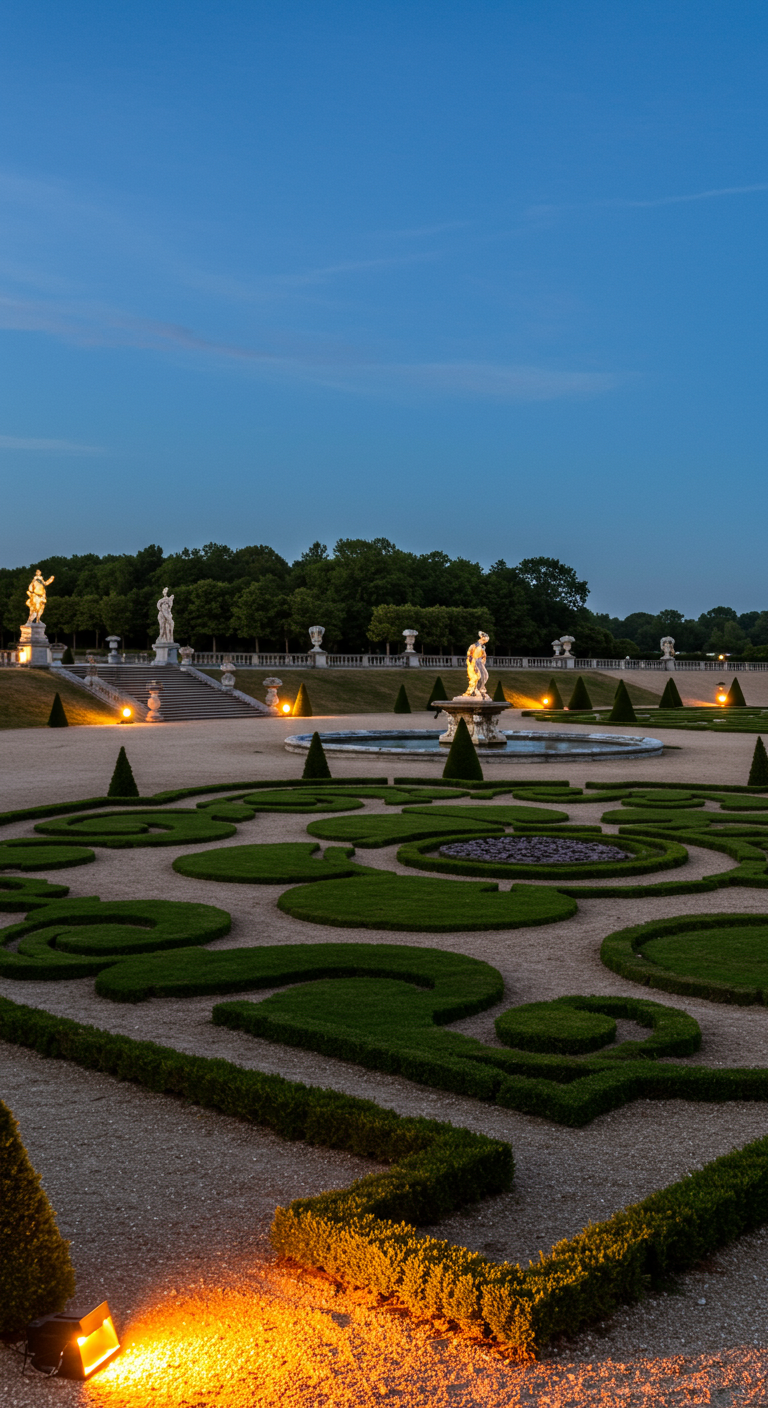 Französischer Garten bei Nacht, mit beleuchteten Parterres und Springbrunnen