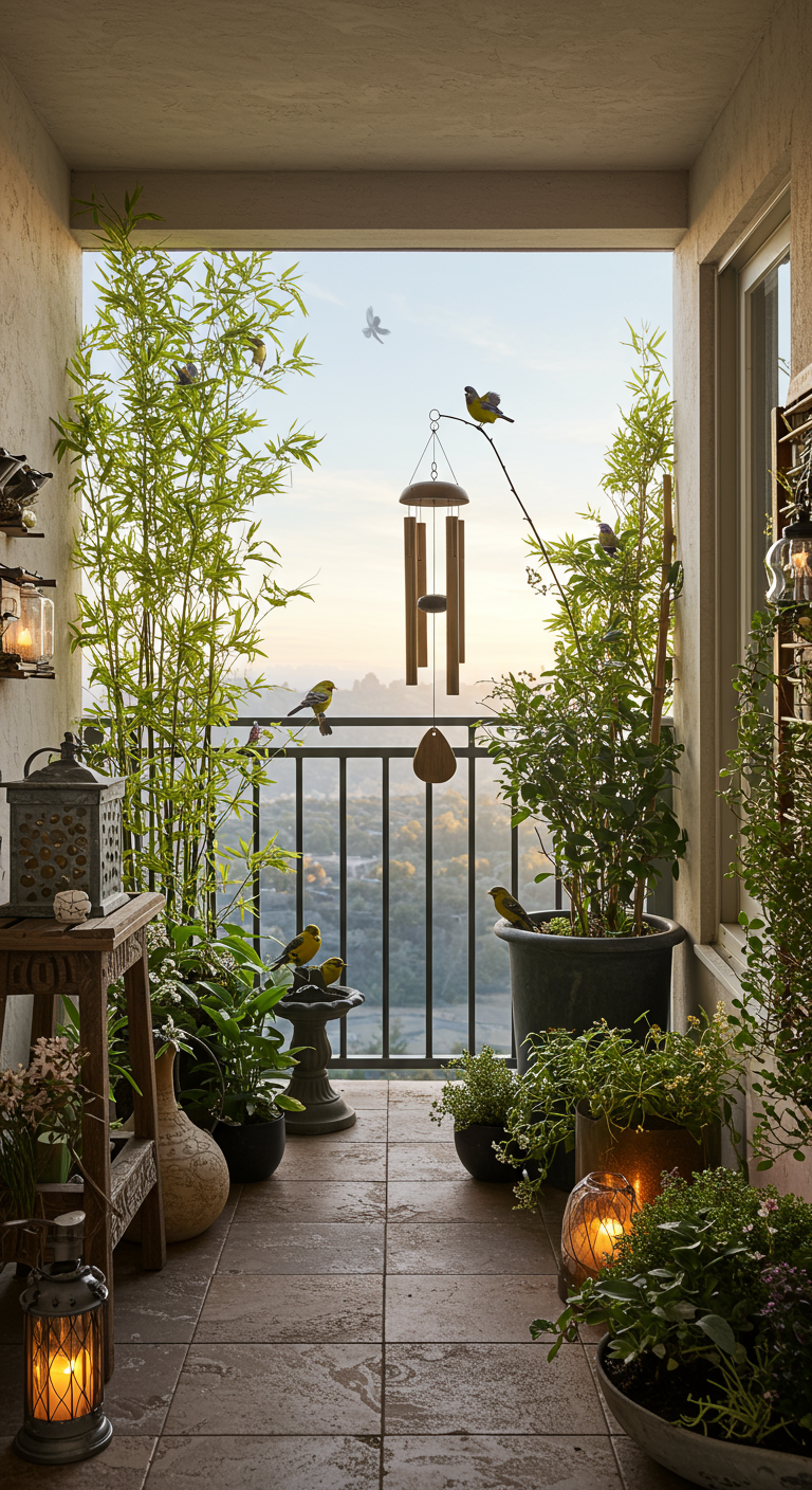 Mediterraner Balkon bei Sonnenuntergang mit Terrakotta, Bambus, Laternen, Windspiel.