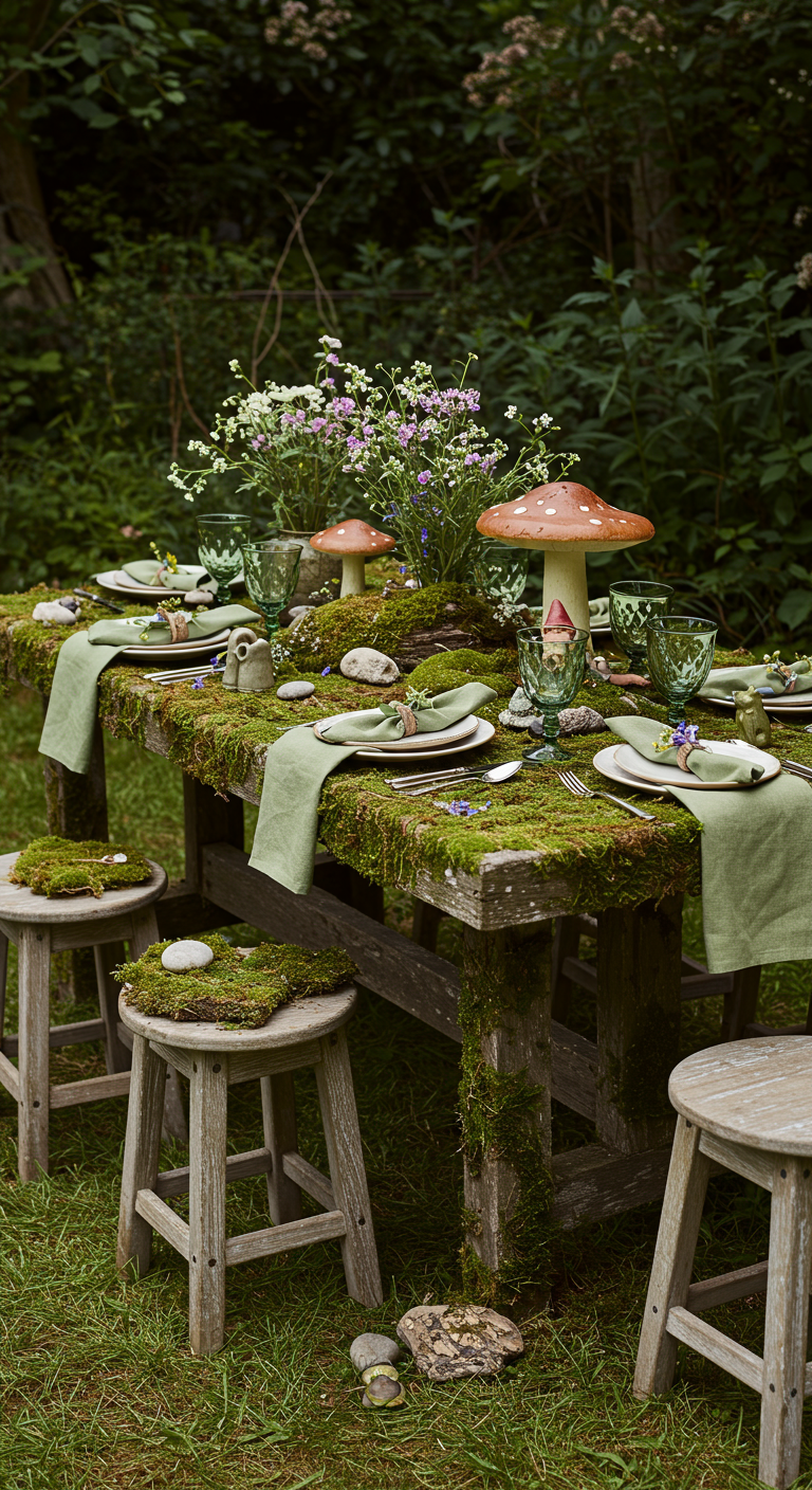 Moosbedeckter Gartentisch mit Deko-Fliegenpilzen und Waldblumen.