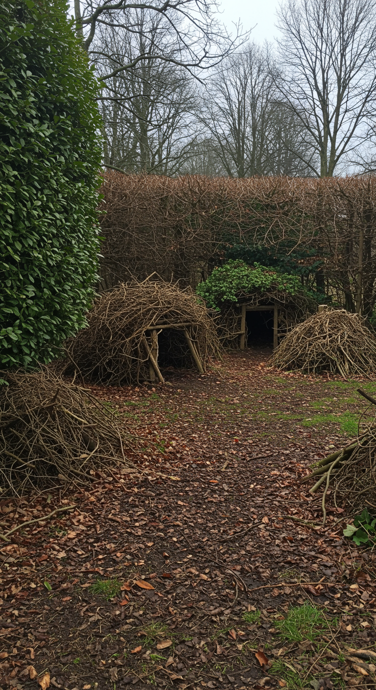 Mehrere kleine Hütten aus Ästen und Zweigen im Wald, umgeben von Laub.