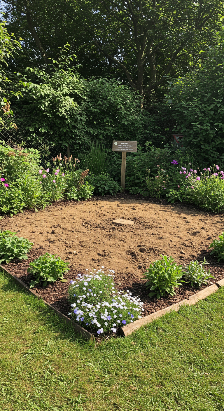 Eine große, vorbereitete Gartenfläche mit frischer Erde, umgeben von grünen Pflanzen.