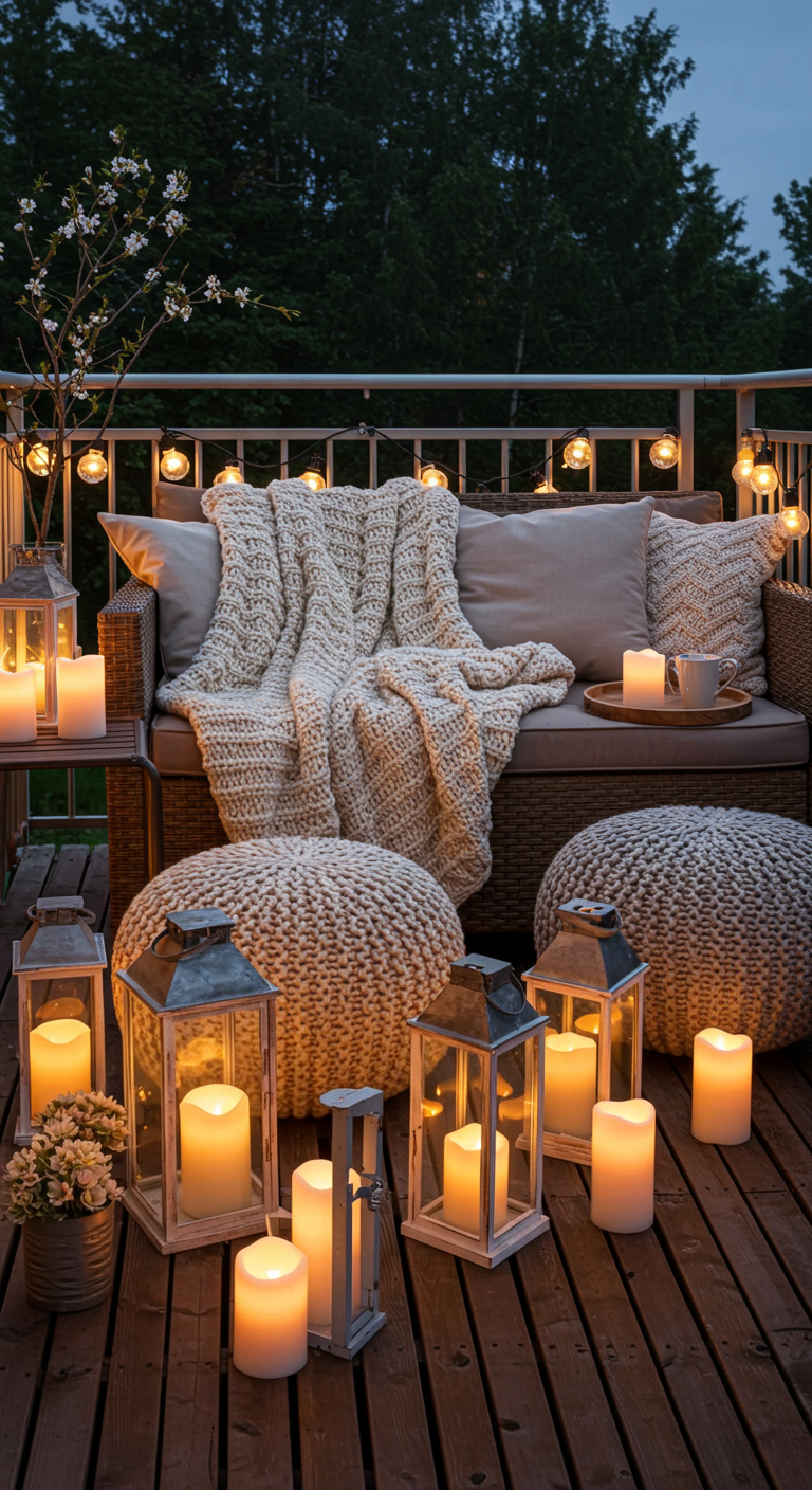 Gemütlicher Balkon bei Nacht mit Rattanmöbeln, Strickdecke, Poufs und vielen Kerzen.