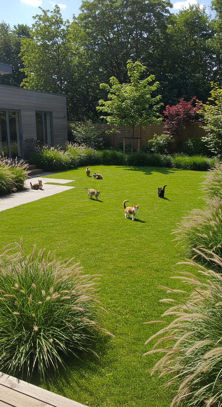Mehrere Katzen spielen auf großem grünen Rasen mit Ziergräsern und modernem Haus