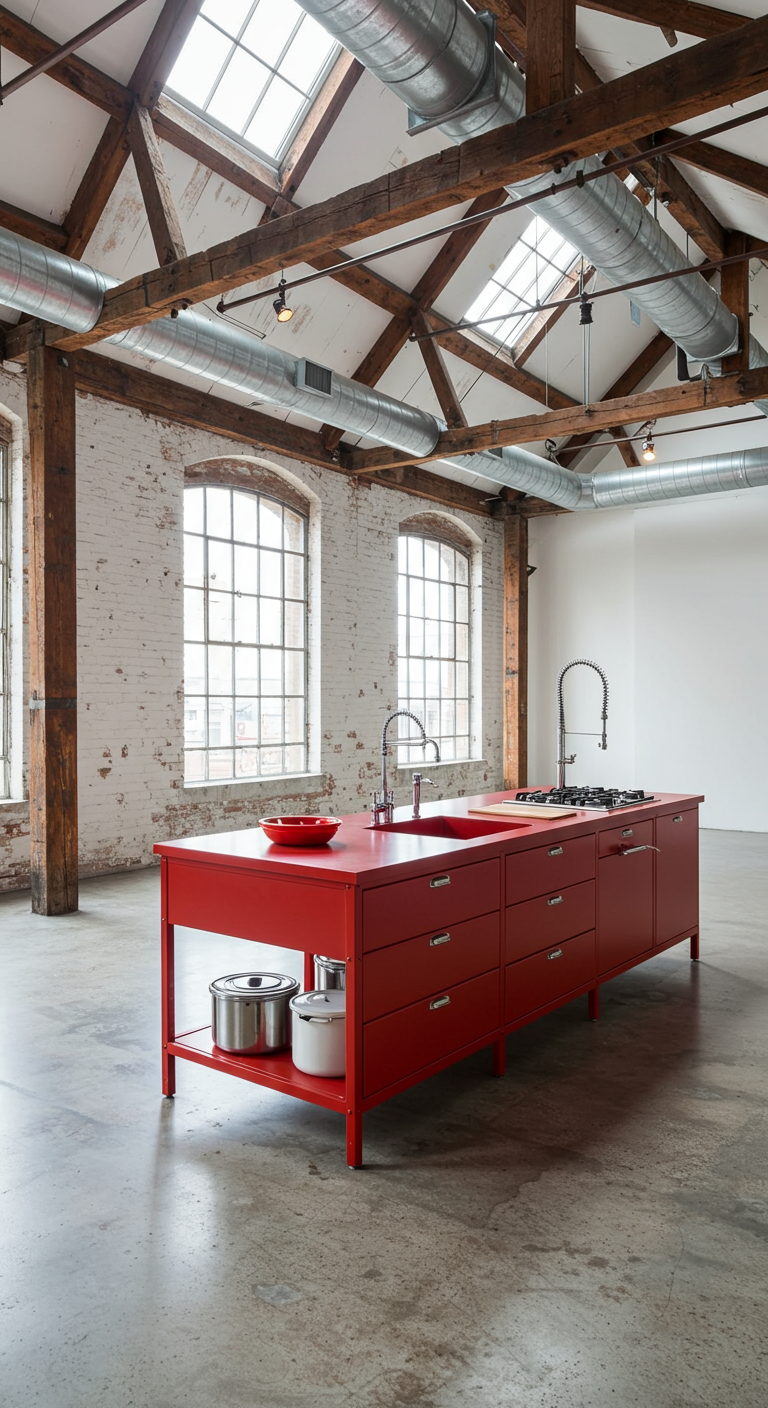 Große rote Kochinsel in einem Industrie-Loft mit Holzbalken und Betonboden.