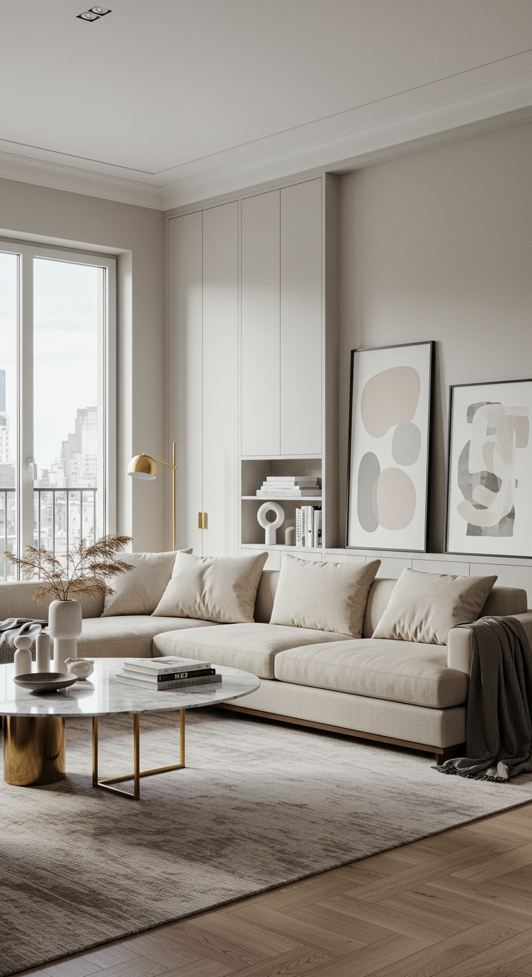 Modernes Wohnzimmer mit beigem Sofa, Marmor-Couchtisch und abstrakter Kunst.