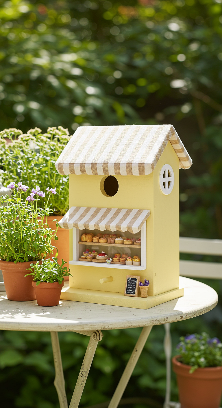Vogelhaus als gelbe Bäckerei mit gestreifter Markise und ausgestellten Mini-Kuchen.