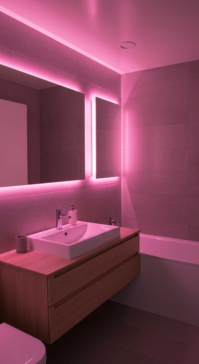 Badezimmer mit pinker LED-Hintergrundbeleuchtung um die Spiegel.