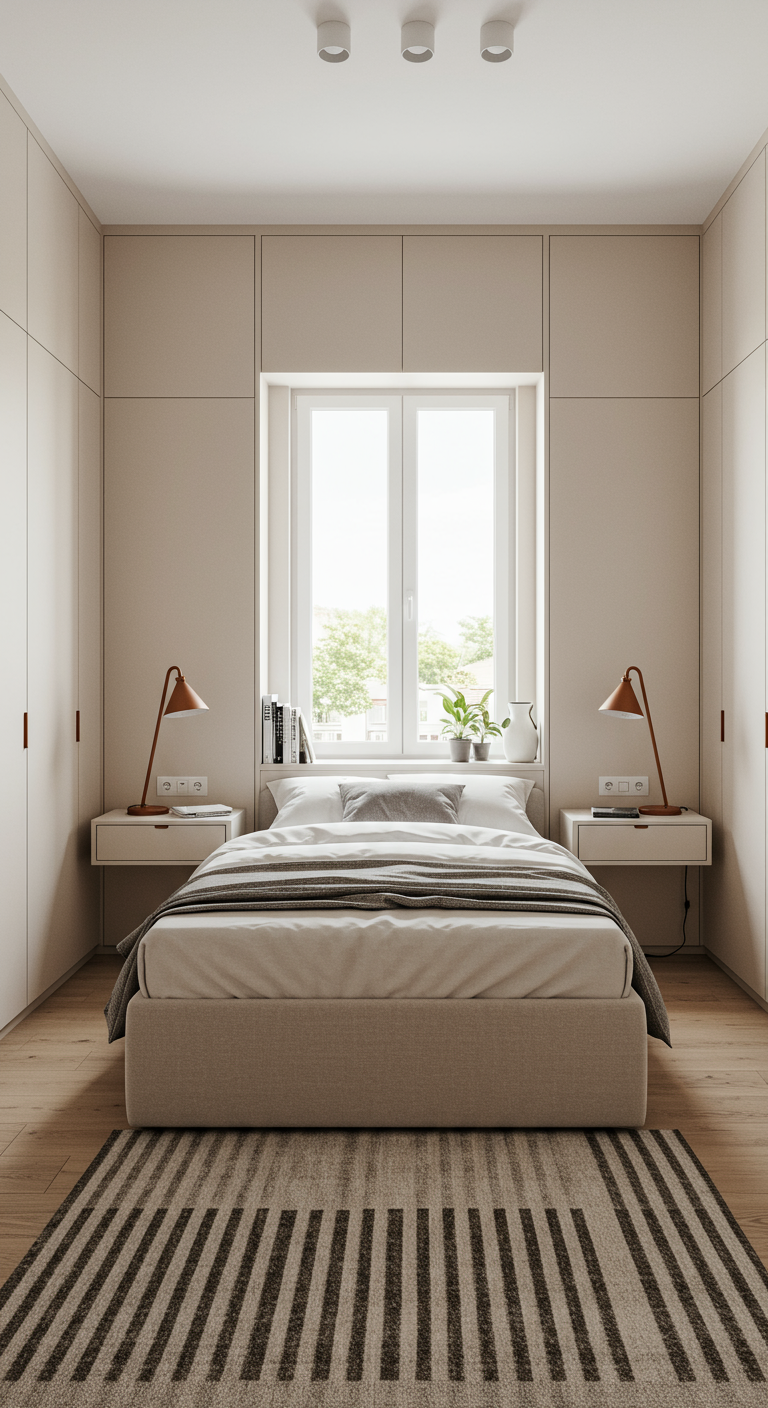 Symmetrisch eingerichtetes Schlafzimmer mit Bett vor dem Fenster und flankierenden Schränken.