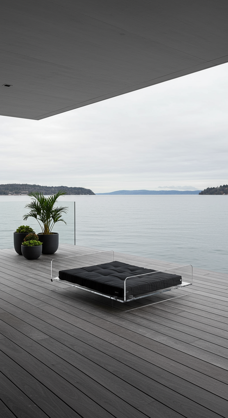 Transparentes Liegebett mit schwarzem Kissen auf einem Holzdeck mit Meerblick.